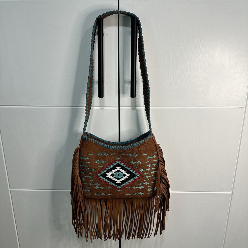 Montana West Purse Pebbled Leather Brown W/Fringe Whip Stitch Accent Western NWT